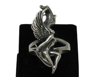 Sterling Silver Ring Winged Fairy Goddess Handmade Stamped 925 Fantasy Jewelry