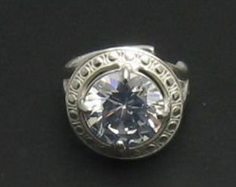 Sterling Silver Ring With 12mm Round Cubic Zirconia Solid Genuine Stamped 925 Adjustable Size