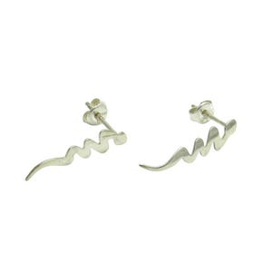 May include: A pair of silver-toned stud earrings featuring a wavy, serpentine design. Each earring has a post back and a curved, elongated shape that mimics a winding line, crafted from a smooth, reflective metallic material with a polished finish.