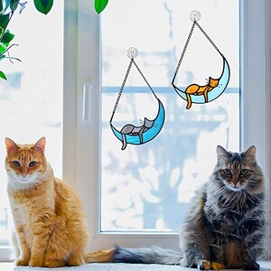 Personalized Sleeping Cat On Moon Acrylic Windows Hangings, Handcrafted Suncatchers, Cat Decoration, Cat Memorial Gifts