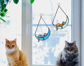 Personalized Sleeping Cat On Moon Acrylic Windows Hangings, Handcrafted Suncatchers, Cat Decoration, Cat Memorial Gifts