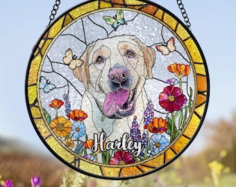 Atrapasueños de vidrieras con retratos personalizados de mascotas, retratos de perros personalizados a partir de fotos, regalos de condolencia, perro de vidrieras, monumento conmemorativo para perros en vidrieras