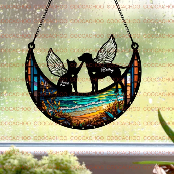 New! Couple Pet On Moon Loss of Pet Sympathy Gift| Custom Dog Breed Memorial Suncatcher| Gift for Dog Cat Lovers| Handmade Pet Memorial Gift