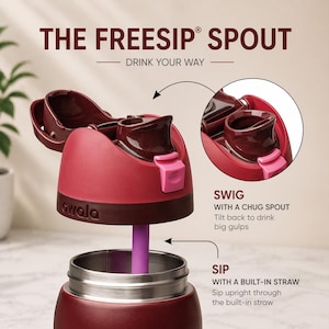 Puede incluir: Una botella de agua de color granate y acero inoxidable con un dise&ntilde;o de tapa &uacute;nico. La tapa presenta una boquilla abatible y una pajita incorporada. El texto "THE FREESIP SPOUT" y "DRINK YOUR WAY" son visibles.