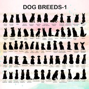 Puede incluir: Un gr&aacute;fico de 60 razas de perros diferentes, cada una representada por una silueta negra de un perro sentado. El gr&aacute;fico se titula "DOG BREEDS-1".