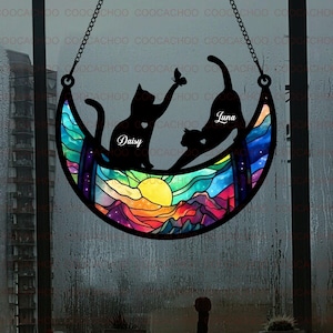 Personalized Couple Pet On Moon | Loss of Pet Sympathy Gift| Handmade Custom Name Cat Decor, Gift for Cat Lovers, Window hanging