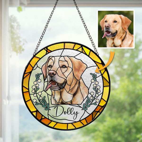 Atrapasueños de vitral con retrato de mascota personalizado, monumento conmemorativo para perro, retrato de perro personalizado a partir de una foto, regalos de condolencia, perro de vitral