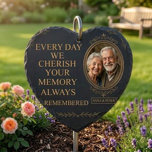 Personalized Photo Memorial Garden Stone for Loved Ones, Memorial Stone, Indoor Outdoor Tribute Gift, Heart or Circle Slate Plaque for Grave