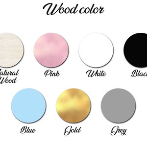 Puede incluir: Opciones de color de madera para un producto, incluyendo madera natural, rosa, blanco, negro, azul, dorado y gris.