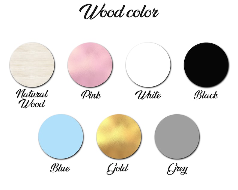 Puede incluir: Opciones de color de madera para un producto, incluyendo madera natural, rosa, blanco, negro, azul, dorado y gris.