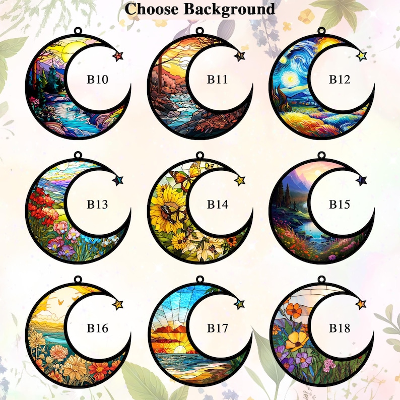 Puede incluir: Nueve dise&ntilde;os de luna de vitral diferentes, cada uno con una estrella. Los dise&ntilde;os incluyen una puesta de sol, un girasol, una noche estrellada y una escena de monta&ntilde;a. Cada dise&ntilde;o est&aacute; etiquetado con una letra y un n&uacute;mero, como B10, B11, B12, etc.