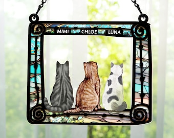 New! Personalized Cats Sitting In Frame| Window Hanging Suncatcher Ornament| Pet Family Gift, Cat Lover gift, Loss of cat, Window decor