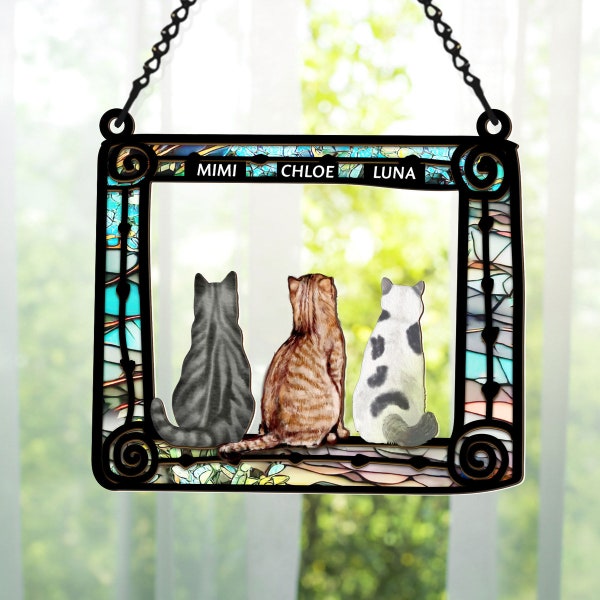 New! Personalized Cats Sitting In Frame| Window Hanging Suncatcher Ornament| Pet Family Gift, Cat Lover gift, Loss of cat, Window decor