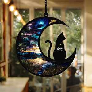 Pet Memorial Suncatcher| Loss of Pet Sympathy Gift| Handmade Custom Name Cat Decor, Engraved Cat Lovers Gift for Mothers Birthday