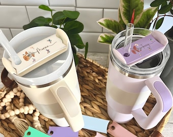 Personalized Birth Flower Tumbler Topper,| 40/30/ 64 oz|  Personalized Tumbler Name Tag |  Cup Accessory| Name Plate
