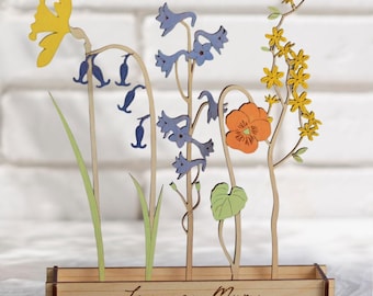 Jardín de flores de madera personalizado para el mes de nacimiento, decoración floral de madera, regalos para mamá, regalo del Día de la Madre, regalos para ella, regalo para la abuela de parte de sus nietos.