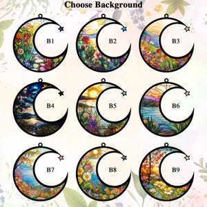 Puede incluir: Nueve dise&ntilde;os de luna de vitral diferentes con una variedad de colores y patrones. Los dise&ntilde;os incluyen una puesta de sol, una noche estrellada y una salida del sol. Cada dise&ntilde;o est&aacute; etiquetado con una letra y un n&uacute;mero, como B1, B2, B3, etc.