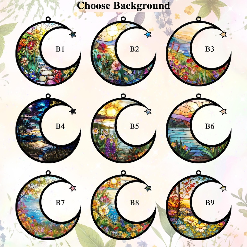 Puede incluir: Nueve dise&ntilde;os de luna de vitral diferentes con una variedad de colores y patrones. Los dise&ntilde;os incluyen una puesta de sol, una noche estrellada y una salida del sol. Cada dise&ntilde;o est&aacute; etiquetado con una letra y un n&uacute;mero, como B1, B2, B3, etc.
