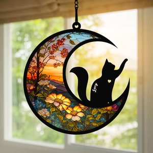 Pet Memorial Suncatcher| Loss of Pet Sympathy Gift| Handmade Custom Name Cat Decor, Engraved Cat Lovers Gift for Mothers Birthday