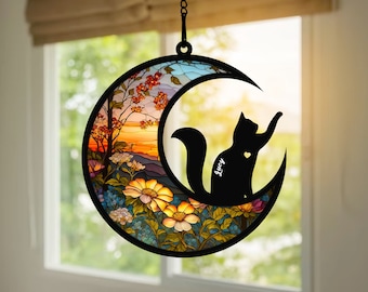 Pet Memorial Suncatcher| Loss of Pet Sympathy Gift| Handmade Custom Name Cat Decor, Engraved Cat Lovers Gift for Mothers Birthday