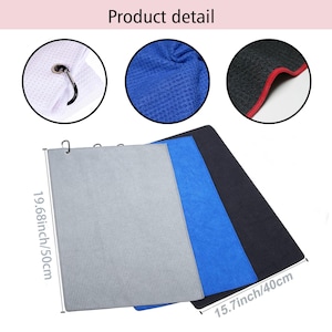 Op de afbeelding: Drie microvezel handdoeken in grijs, blauw en zwart. De handdoeken zijn 19,68 inch bij 50 centimeter en 15,7 inch bij 40 centimeter.