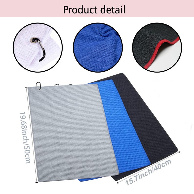 Op de afbeelding: Drie microvezel handdoeken in grijs, blauw en zwart. De handdoeken zijn 19,68 inch bij 50 centimeter en 15,7 inch bij 40 centimeter.