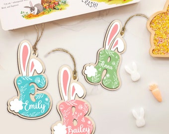 Personalized Bunny Ears Letters Easter Basket Tags | A-Z Bunny Alphabet tag| Easter Name tags for Grandkids Grandchildren, Baby