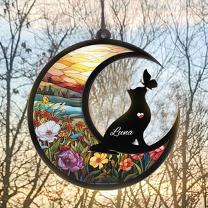 New! Loss of Pet Sympathy Gift| Cat Memorial Suncatcher| Handmade Custom Name Cat Decor, Engraved Cat Lovers Gift for Mothers Birthday