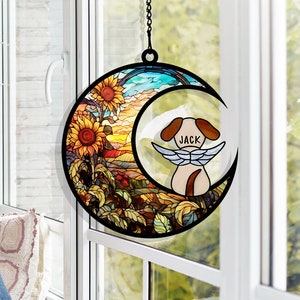 Personalized Adorable Cat On Moon Acrylic Windows Hangings,  Cat Decoration, Pet Memorial Sympathy Gifts, Gift for Cat Lovers