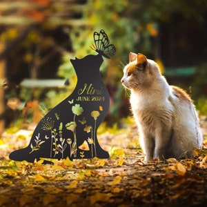 Personalized Pet Memorial Stake, Flower Cat Metal Stake, Pet Grave Markers, Remembrance Stake, Garden Decoration, Loss Of Cat, Cat Mom Gift