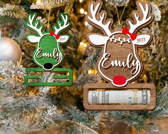Personalized Cute Wood Money Holder Christmas Ornament l Christmas Gift Ornament 2023| Rudolph wooden ornaments| Reindeer Money Holder