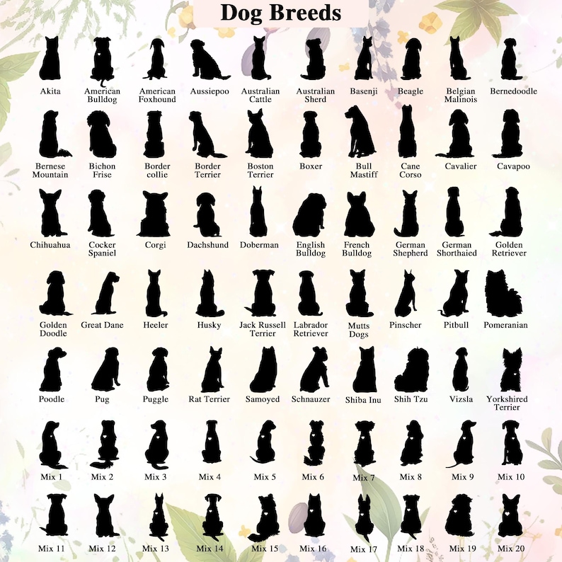 Puede incluir: Un gr&aacute;fico de varias razas de perros, ilustradas en siluetas negras. El gr&aacute;fico incluye 20 razas diferentes, con los nombres enumerados debajo de cada silueta.