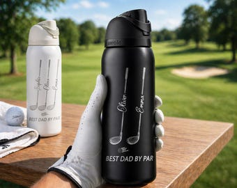 Personalized Golf Water Bottle, Father's Day Gift for Dad, Best Dad By Par Custom Tumbler, Engraved Golf Gifts for Him, Kids Names Bottle