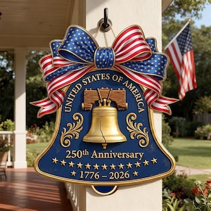 May include: A patriotic bell-shaped sign with a blue background and gold accents. The sign features a large bow with red and white stripes and blue stars. It commemorates the 250th anniversary of the United States of America, with the years 1776-2026.