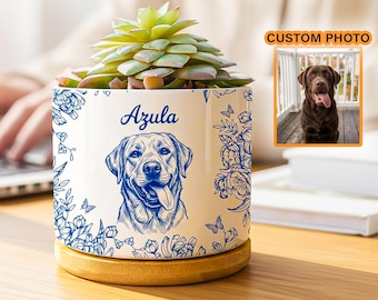 Toile De Jouy Flower Pet Photo - Personalized Pet Memorial Planter, Dog Mom Gift, Dog Lover, Custom Pet Flower Pot,Dog Loss Remembrance Gift