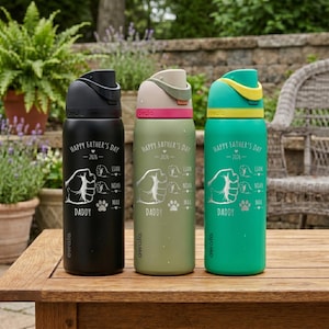 May include: Three insulated water bottles in black, olive green, and teal, each with a flip-top lid. The bottles are decorated with the text "Happy Father's Day - 2026" and a graphic of a hand, paw prints, and the names Liam, Noah, and Max.