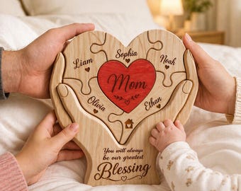 Rompecabezas de madera personalizado para el Día de la Madre, regalo personalizado para mamá de parte de sus hijos, rompecabezas familiar impreso, letrero "Eres la pieza que nos mantiene unidos"