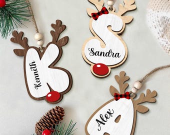 Personalized Christmas Letter Name Ornament, Monogram ornament 2024| Reindeer Retro Letter Ornaments, Stocking Tags, Custom initial ornament