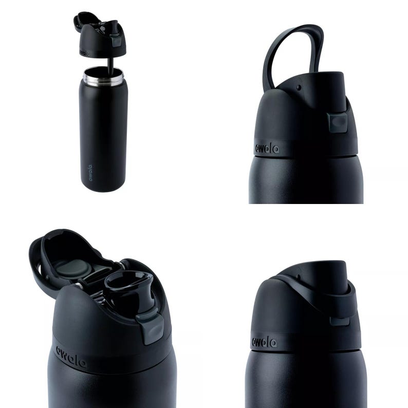 Puede incluir: Botella de agua aislada negra con tapa abatible y asa de transporte. La botella se muestra con la tapa abierta y cerrada, y presenta la marca "owala" en el lateral. La botella est&aacute; dise&ntilde;ada para mantener las bebidas fr&iacute;as durante horas.