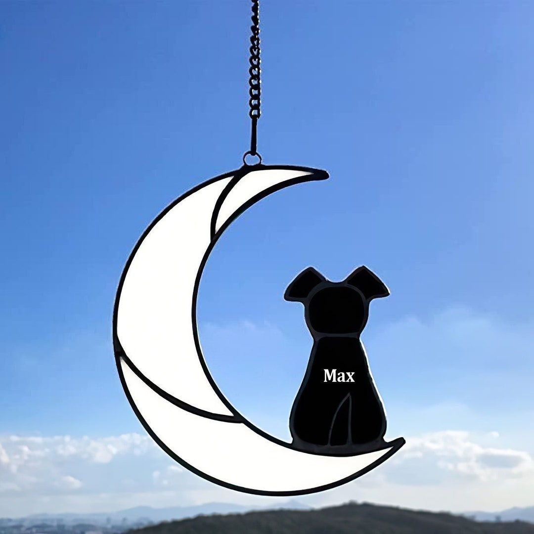 Personalized Dog on Moon Stained Glass Window Hanging for Suncatcher ...
