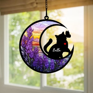 New! Pet Memorial Suncatcher| Loss of Pet Sympathy Gift| Handmade Custom Name Cat Decor, Engraved Cat Lovers Gift for Mothers Birthday