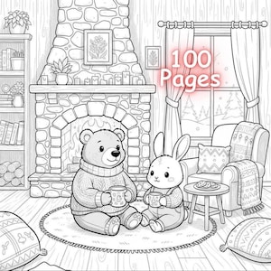 Könnte beinhalten: Schwarz-Weiß-Illustration einer gemütlichen Wohnzimmerszene. Ein Bär und ein Hase sitzen auf einem Teppich und halten jeweils eine Tasse. Ein Kamin, ein Sessel und ein kleiner Tisch mit Keksen sind ebenfalls zu sehen. Der Text "100 Pages" wird angezeigt.