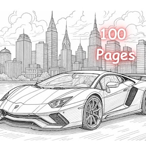 May include: Line art illustration of a sports car with a city skyline background. The image includes the text "100 Pages". The car is white and has a spoiler.