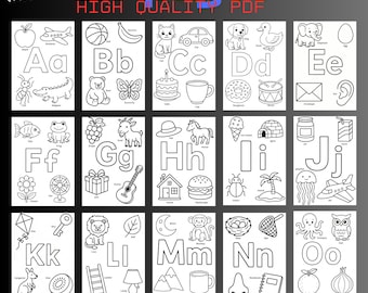 Alphabet Coloring Pages, ABC Coloring Book for Kids, Baby Shower Activity, Printable Learning Worksheets, Preschool Activity