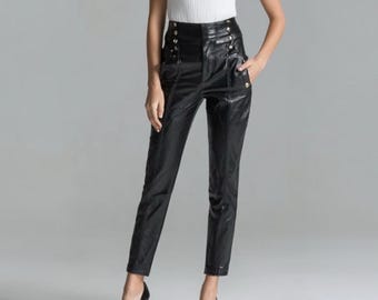 Handmade Lambskin Leather Pants: Slim Fit High Waist Trousers