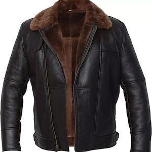 Handmade RAF B4 Shearling Aviator Jacket: Black Sheepskin Leather Bomber
