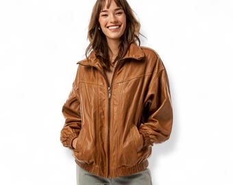 Chaqueta de cuero marrón de gran tamaño para mujer / Chaqueta bomber de cuero genuino vintage de los años 90 / Ropa de calle holgada