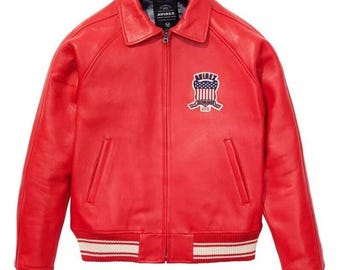 Red Avirex Leather Jacket Men’s Bomber Coat Retro 90s Streetwear Genuine Leather Aviator Style