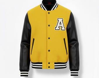 Gelbe Varsity Jacke mit Schwarzen Ärmeln — Chenille „A“ Patch Letterman, Unisex Retro College Bomber, Vintage Baseball Streetwear Mantel