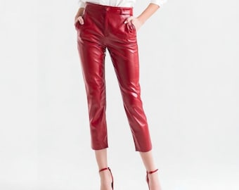 Handmade Red Lambskin Leather Pants: High Waist Biker Leggings